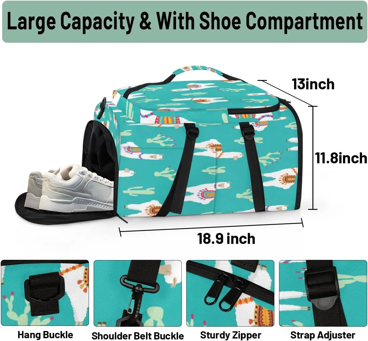 Large Sports Gym Bag With Shoe & Laptop Compartment 47L Waterproof Travel Duffel Bags for Men Women Cactus Llama Luggage Backpack Duffle Bag