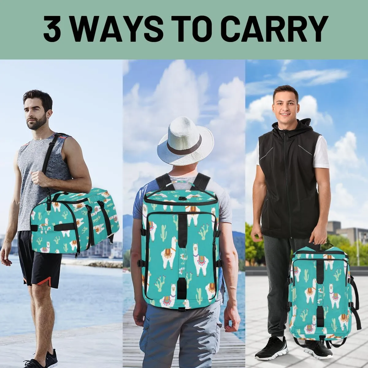 Large Sports Gym Bag With Shoe & Laptop Compartment 47L Waterproof Travel Duffel Bags for Men Women Cactus Llama Luggage Backpack Duffle Bag