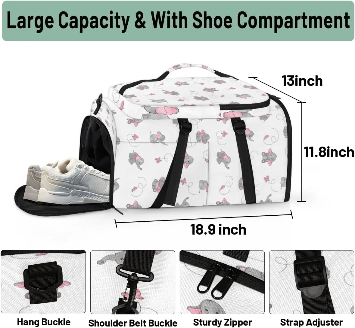 Large Sports Gym Bag With Shoe & Laptop Compartment 47L Waterproof Travel Duffel Bags for Men Women Elephant Butterfly Luggage Backpack Duffle Bag