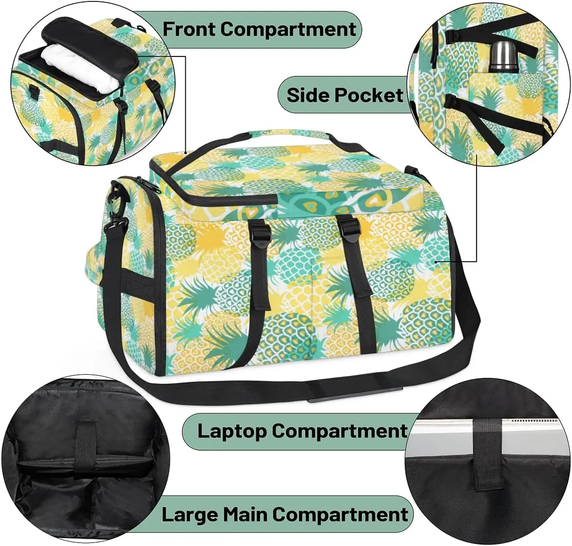 Large Sports Gym Bag With Shoe & Laptop Compartment 47L Waterproof Travel Duffel Bags for Men Women Pineapple Fruit Print Luggage Backpack Duffle Bag
