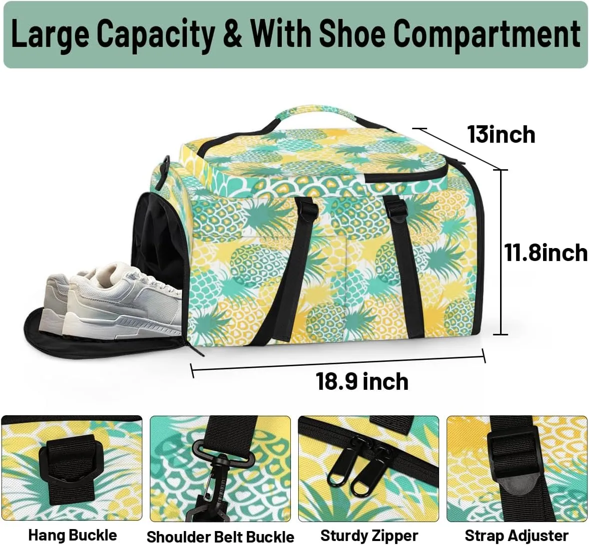 Large Sports Gym Bag With Shoe & Laptop Compartment 47L Waterproof Travel Duffel Bags for Men Women Pineapple Fruit Print Luggage Backpack Duffle Bag
