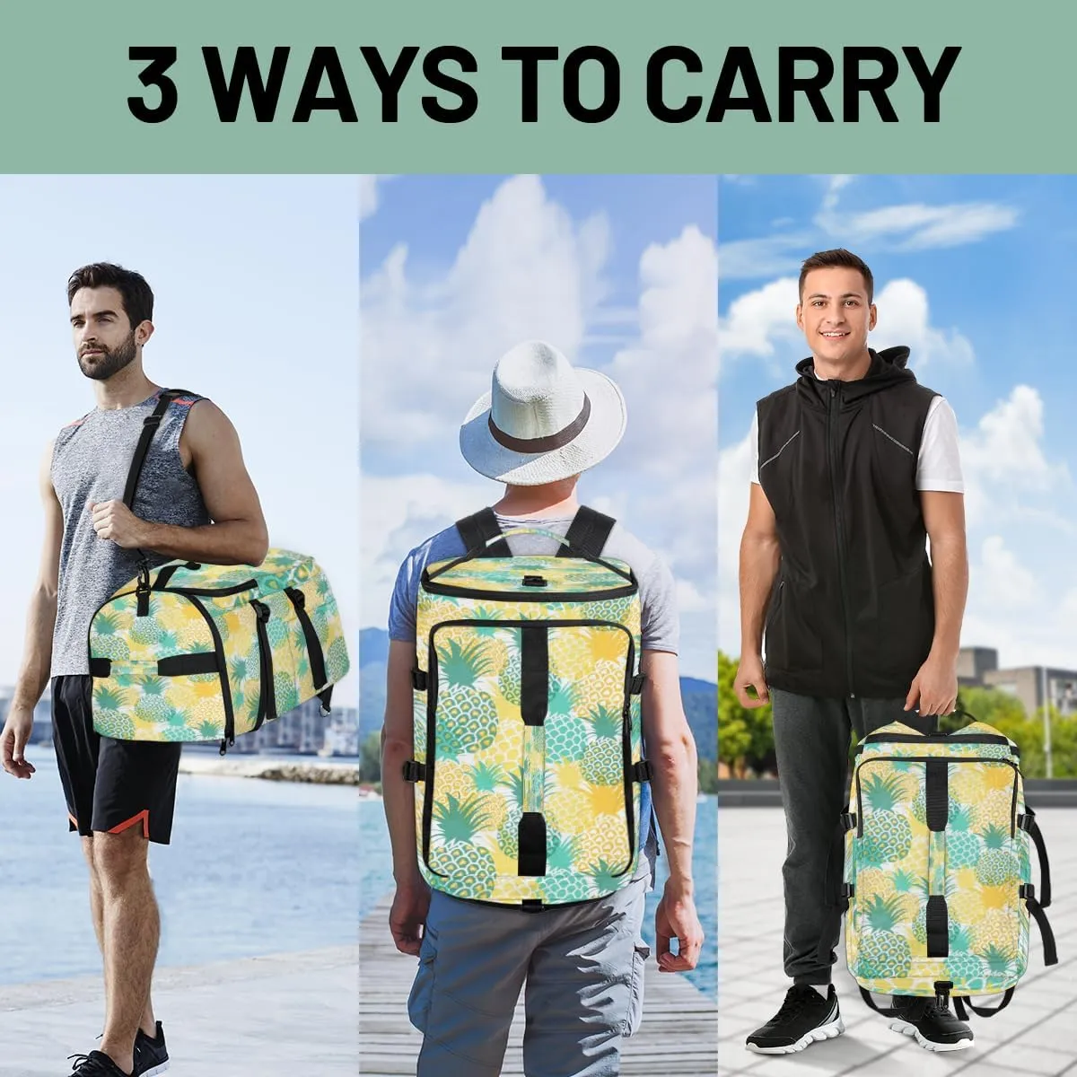 Large Sports Gym Bag With Shoe & Laptop Compartment 47L Waterproof Travel Duffel Bags for Men Women Pineapple Fruit Print Luggage Backpack Duffle Bag