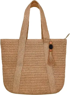 Large Straw Beach Tote Bags For Women Woven Boho Handmade Shoulder Handbags for Summer Vacation Travel with Tassels
