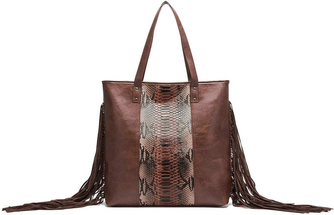 Large Tote Bags for Women Snake Printed Chic Faux Leather Large Top Stylish Fringe Tassel Handle Handbags Ladies Hobo Purse with Pockets Zipper PU Leather Crossbody (brown)