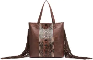 Large Tote Bags for Women Snake Printed Chic Faux Leather Large Top Stylish Fringe Tassel Handle Handbags Ladies Hobo Purse with Pockets Zipper PU Leather Crossbody (brown)
