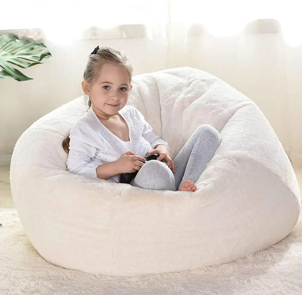 Lazy Sofas Cover, Handmade Rabbit Fur Warm Lounger Seat Bean Bag Cover Soft Beanbag Chair for Adult Teen Children, Without Filling,White,L
