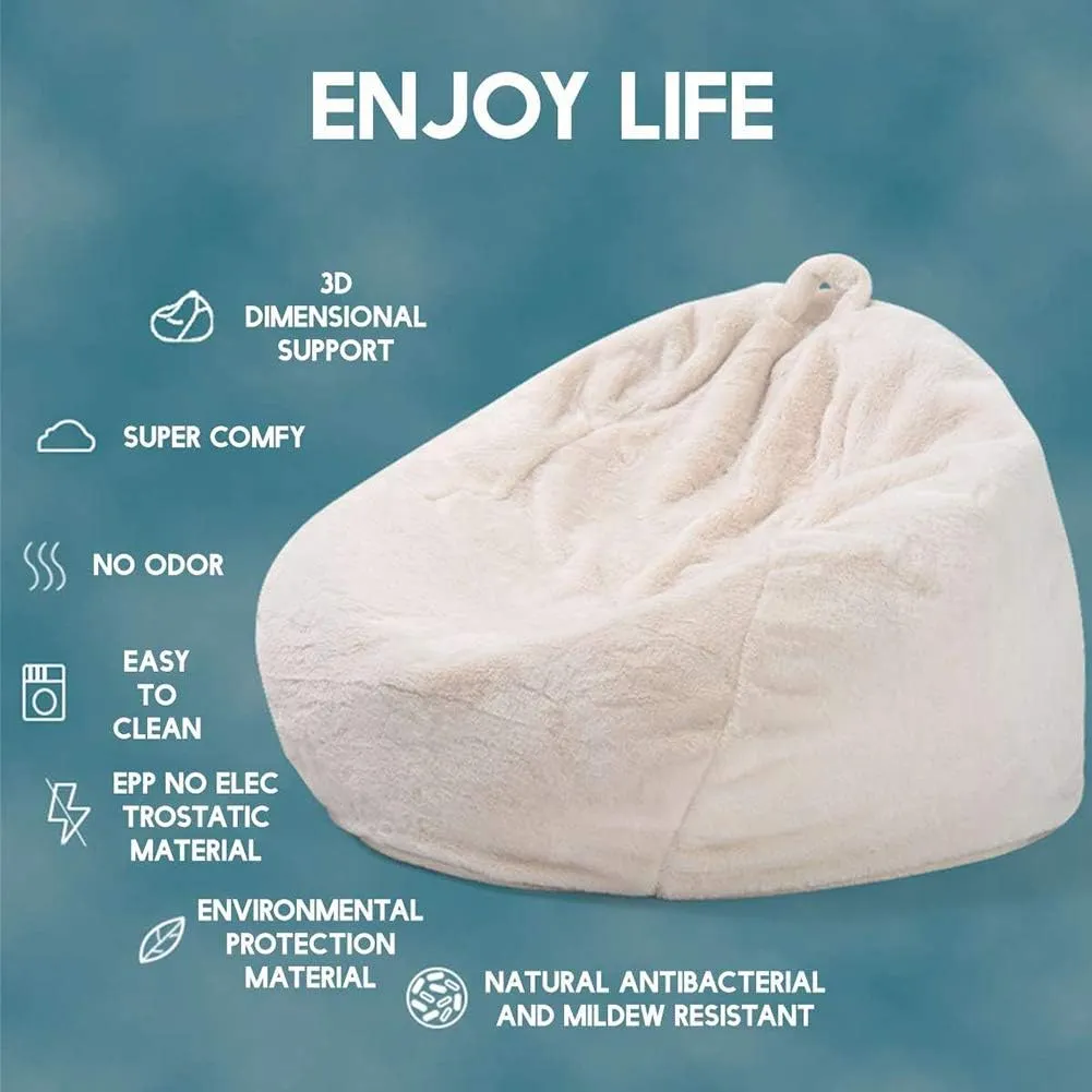 Lazy Sofas Cover, Handmade Rabbit Fur Warm Lounger Seat Bean Bag Cover Soft Beanbag Chair for Adult Teen Children, Without Filling,White,L