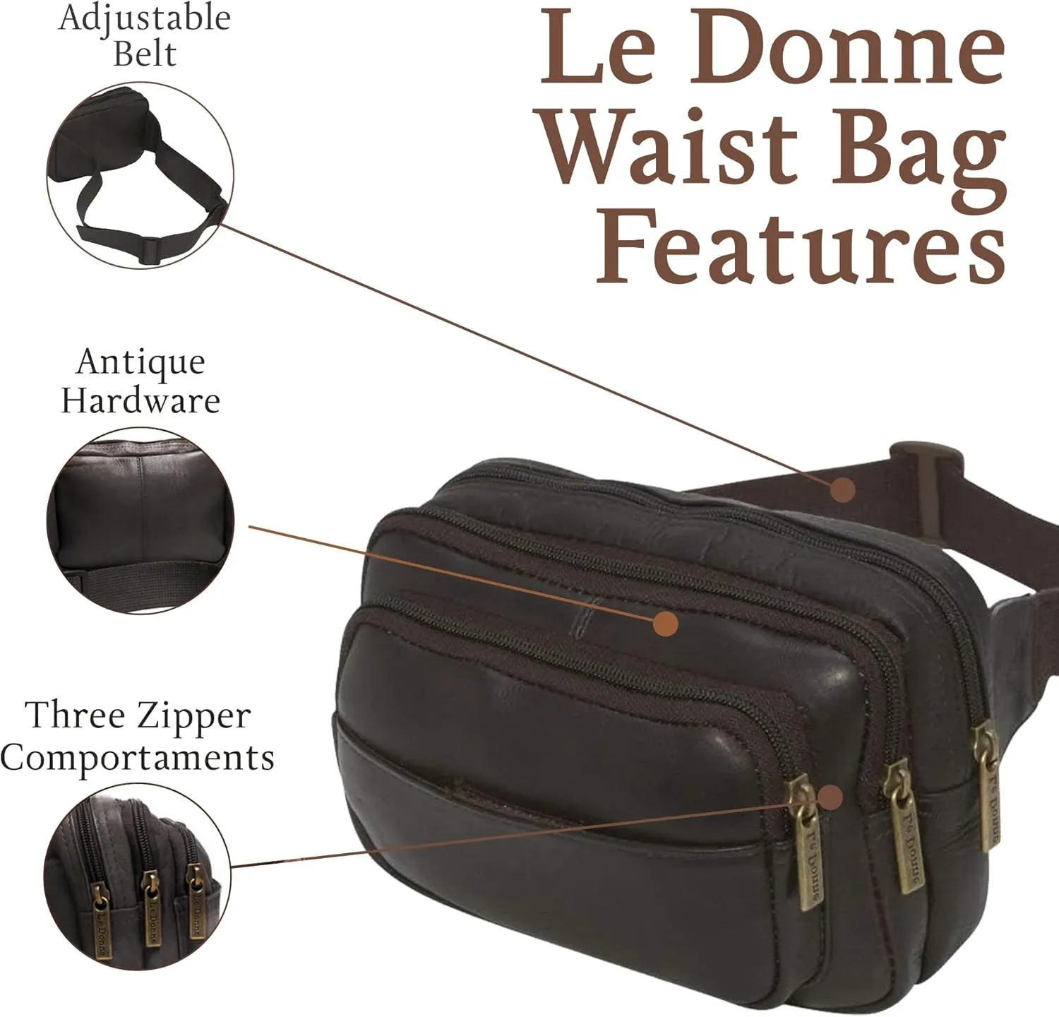 Le Donne Leather Waist Bag - Fashionable & Luxury 4-Compartment Bag - Adjustable Fanny Pack For Men & Women - Essentials For Running, Hiking & Everything Bag(Cafe)