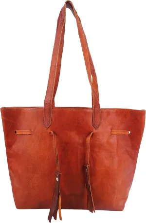 Leather Boho Chic Fringe Leather Tote Spacious Bucket Hobo Bag for Women Purse