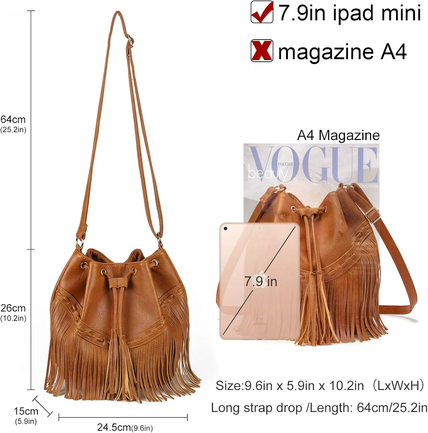 Leather Bucket Bags for Women Crossbody Fringe Purses with Drawstring Ladies Tassel Hobo and Shoulder Handbags