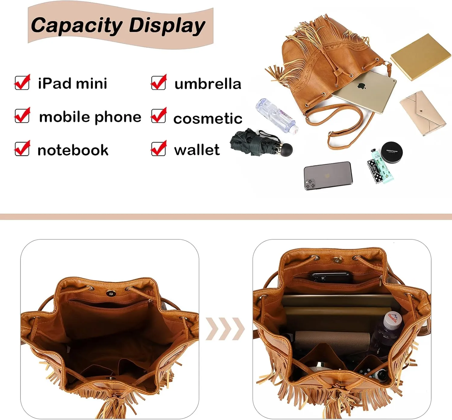 Leather Bucket Bags for Women Crossbody Fringe Purses with Drawstring Ladies Tassel Hobo and Shoulder Handbags