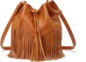 Leather Bucket Bags for Women Crossbody Fringe Purses with Drawstring Ladies Tassel Hobo and Shoulder Handbags