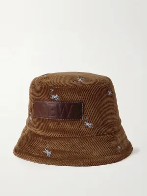 Leather-trimmed embroidered cotton-corduroy bucket hat