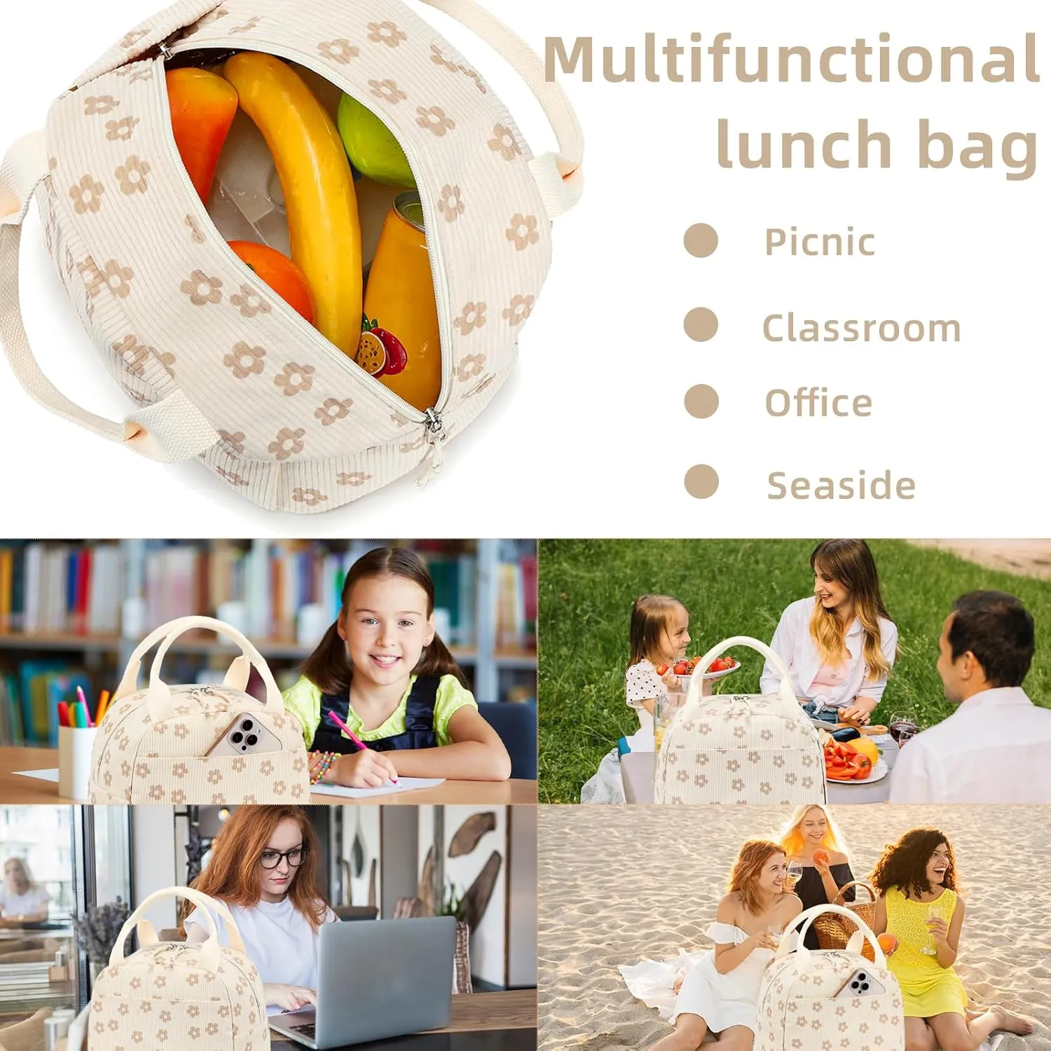 LEDAOU Lunch Box for Women Insulated Lunch Bag Corduroy Lunch Tote Bags Leakproof Cooler Lunch Case for Travel Work Picnic