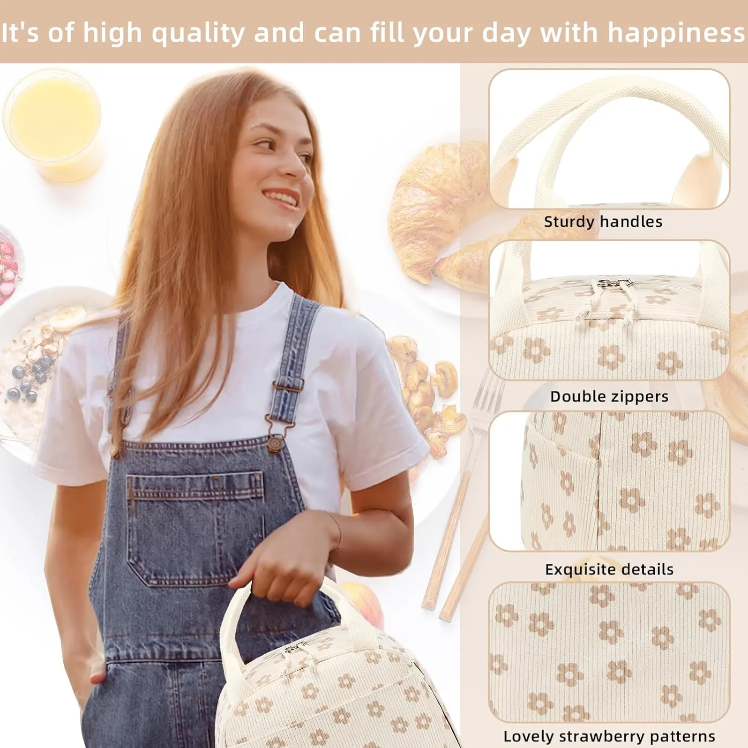 LEDAOU Lunch Box for Women Insulated Lunch Bag Corduroy Lunch Tote Bags Leakproof Cooler Lunch Case for Travel Work Picnic