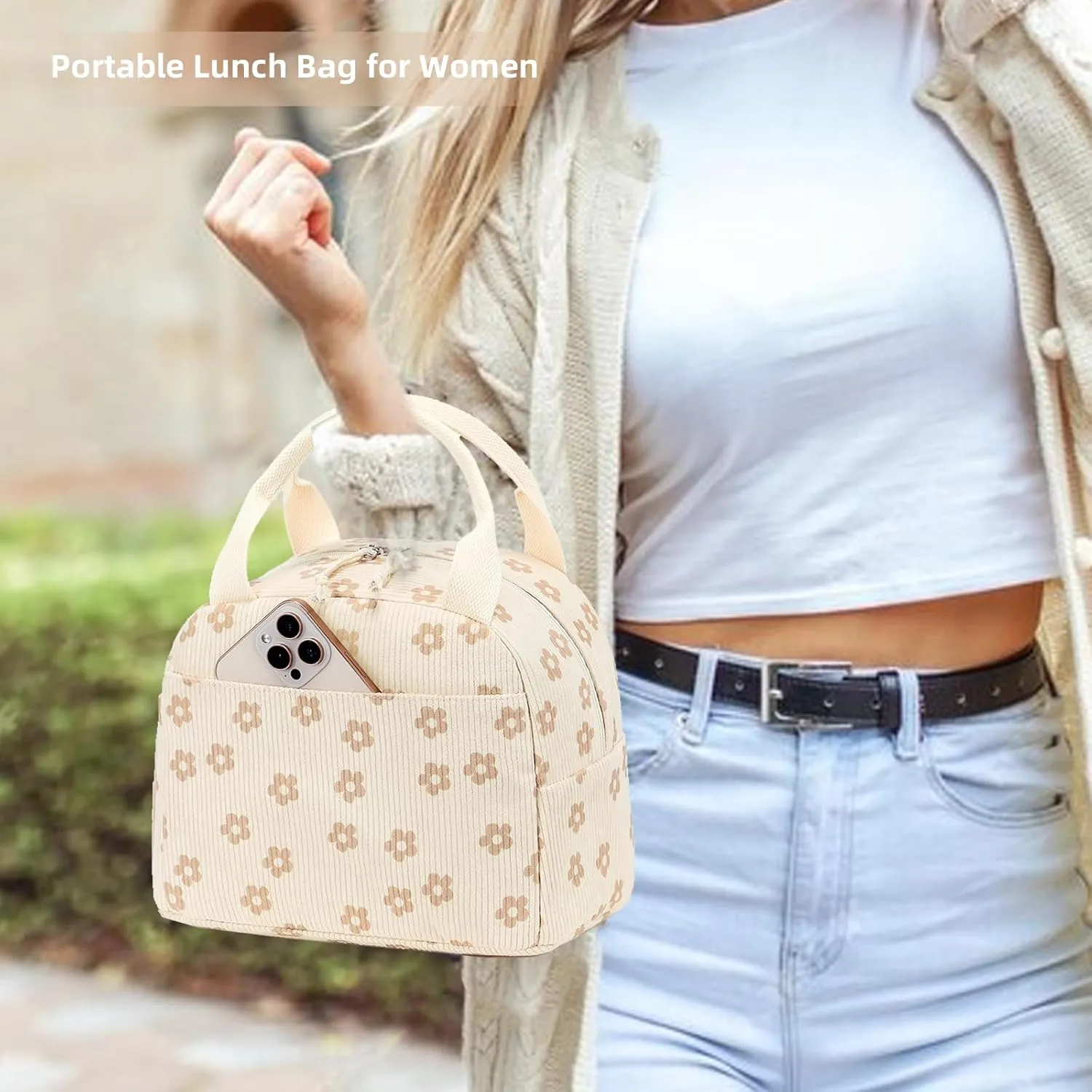 LEDAOU Lunch Box for Women Insulated Lunch Bag Corduroy Lunch Tote Bags Leakproof Cooler Lunch Case for Travel Work Picnic