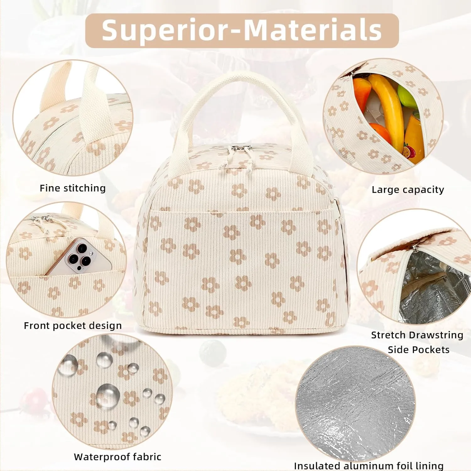 LEDAOU Lunch Box for Women Insulated Lunch Bag Corduroy Lunch Tote Bags Leakproof Cooler Lunch Case for Travel Work Picnic