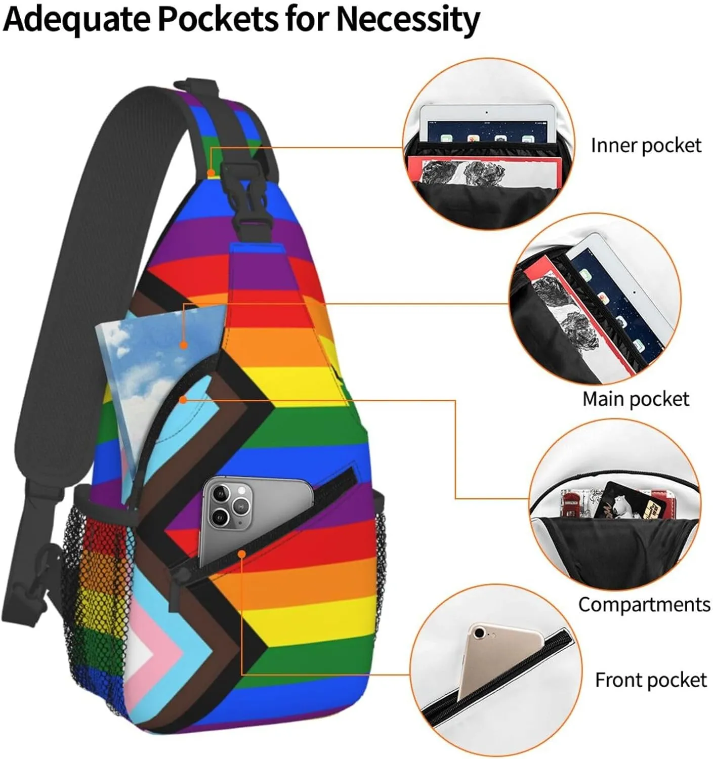 Lgbt Pride Rainbow Gay Progress Pride Flag Chest Sling Bag Crossbody Shoulder Backpack Bag Gym Cycling Daypack Travel Hiking Cross Bag