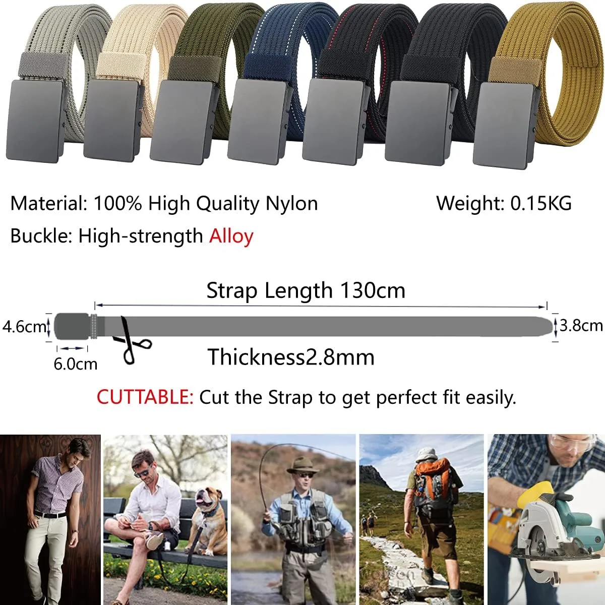 LionVII Men Nylon Web Belts - Metal Buckle, Fully Adjustable Belt Strap for Work, Easy Trim to Fit 28-49" Waist