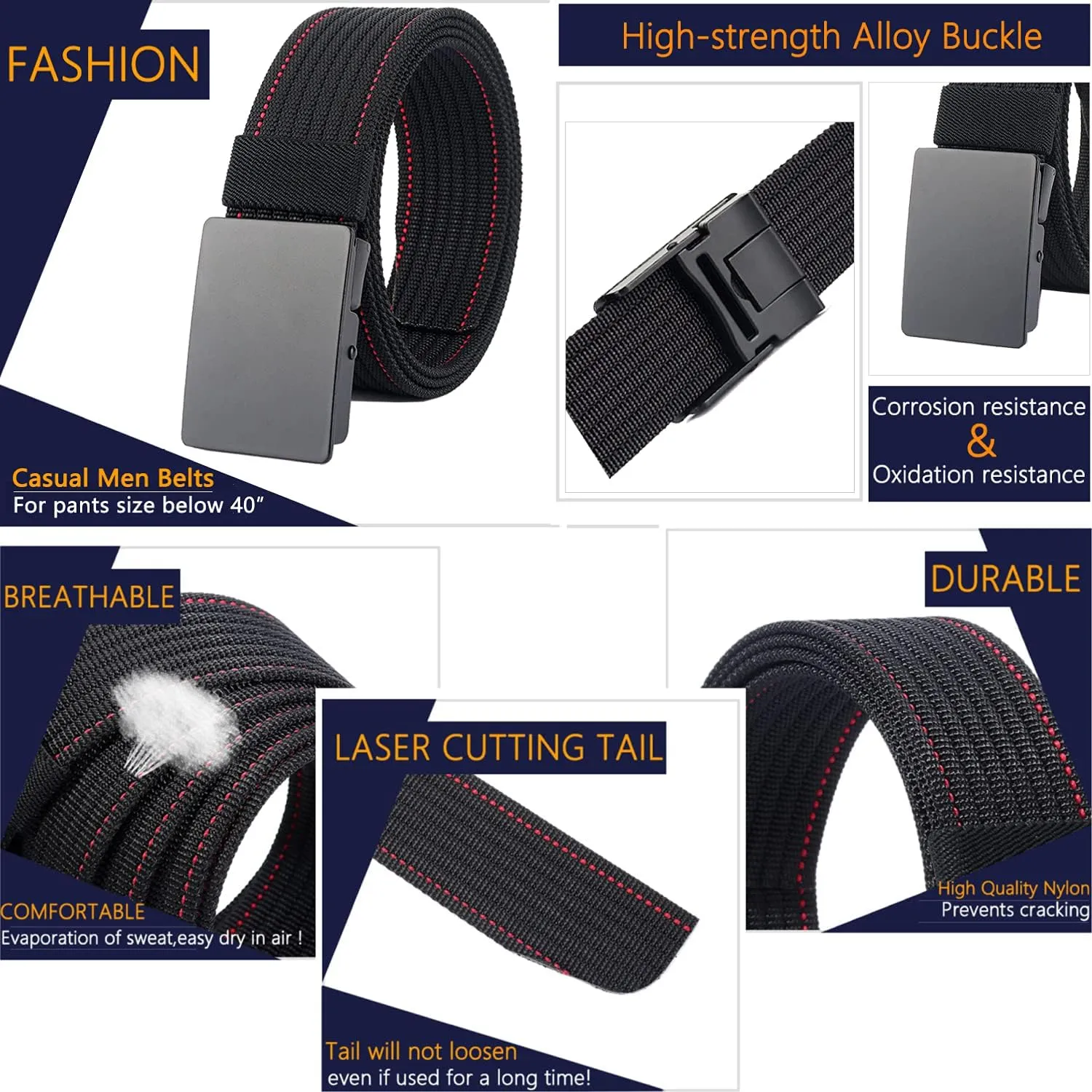 LionVII Men Nylon Web Belts - Metal Buckle, Fully Adjustable Belt Strap for Work, Easy Trim to Fit 28-49" Waist