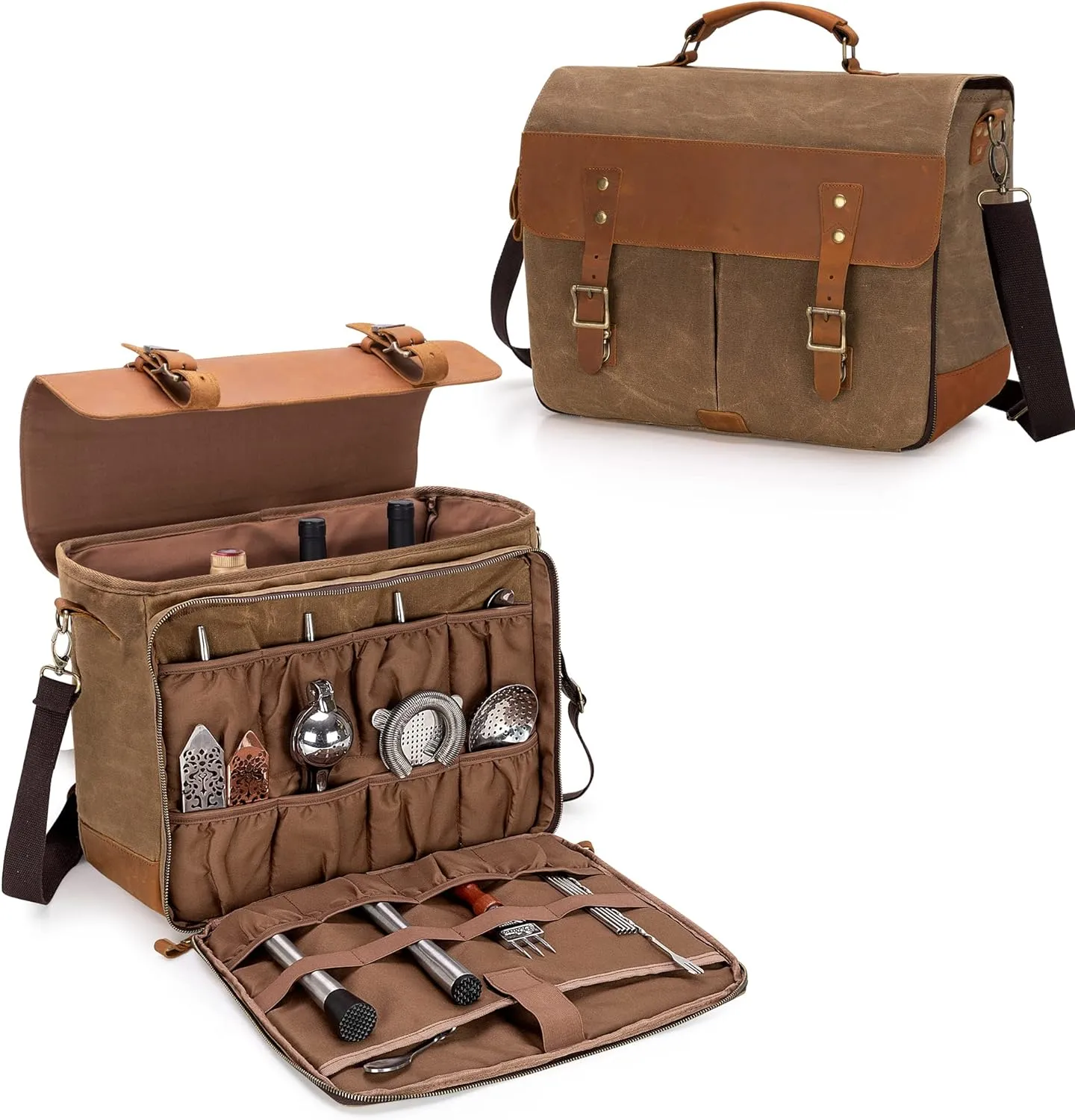 LoDrid Vintage Bartender Kit Bag with Flexible Compartments for Wine, Leather Waxed Canvas Bartender Bag with Removable Dividers, Bar Bag with Handle and Shoulder Strap, Bag Only, Patent Design