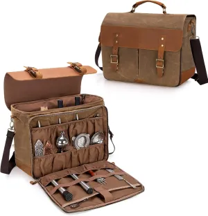 LoDrid Vintage Bartender Kit Bag with Flexible Compartments for Wine, Leather Waxed Canvas Bartender Bag with Removable Dividers, Bar Bag with Handle and Shoulder Strap, Bag Only, Patent Design