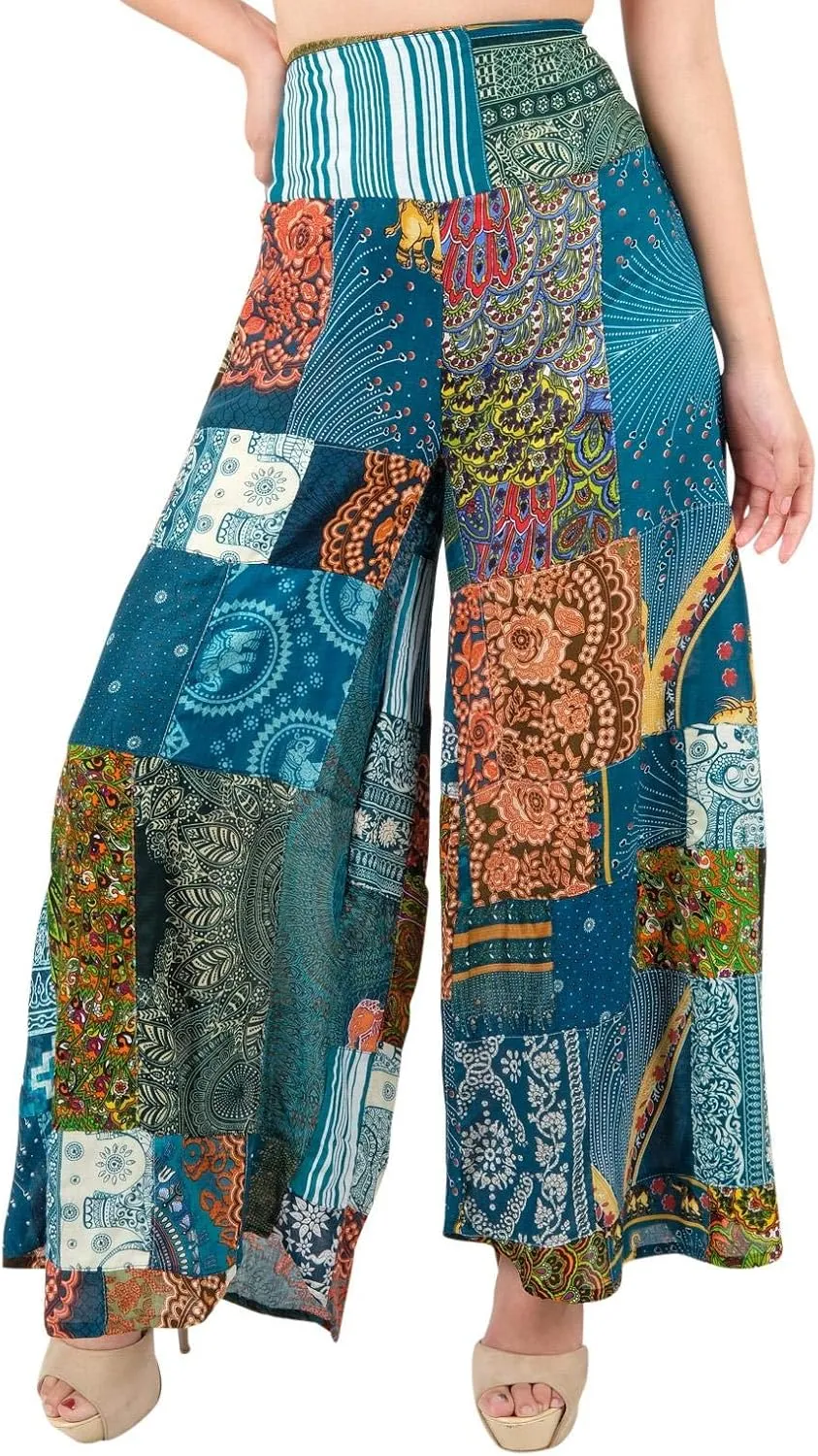 LOFBAZ Women's Patchwork Wide Leg Palazzo Pants Yoga Hippie Harem Trousers