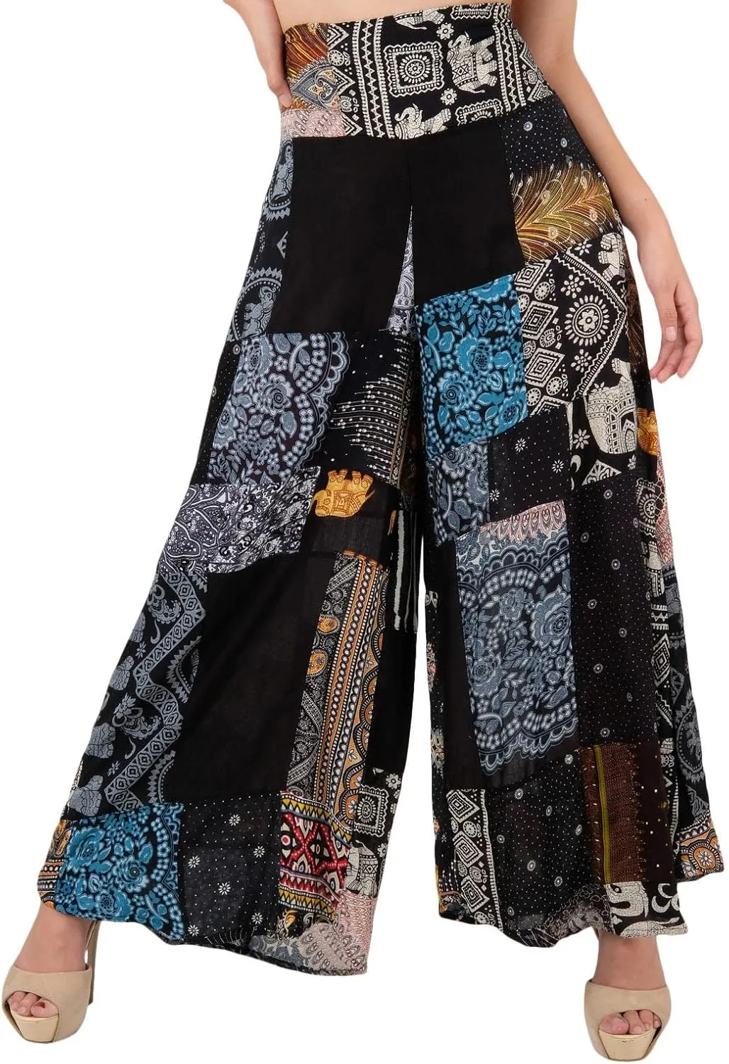 LOFBAZ Women's Patchwork Wide Leg Palazzo Pants Yoga Hippie Harem Trousers