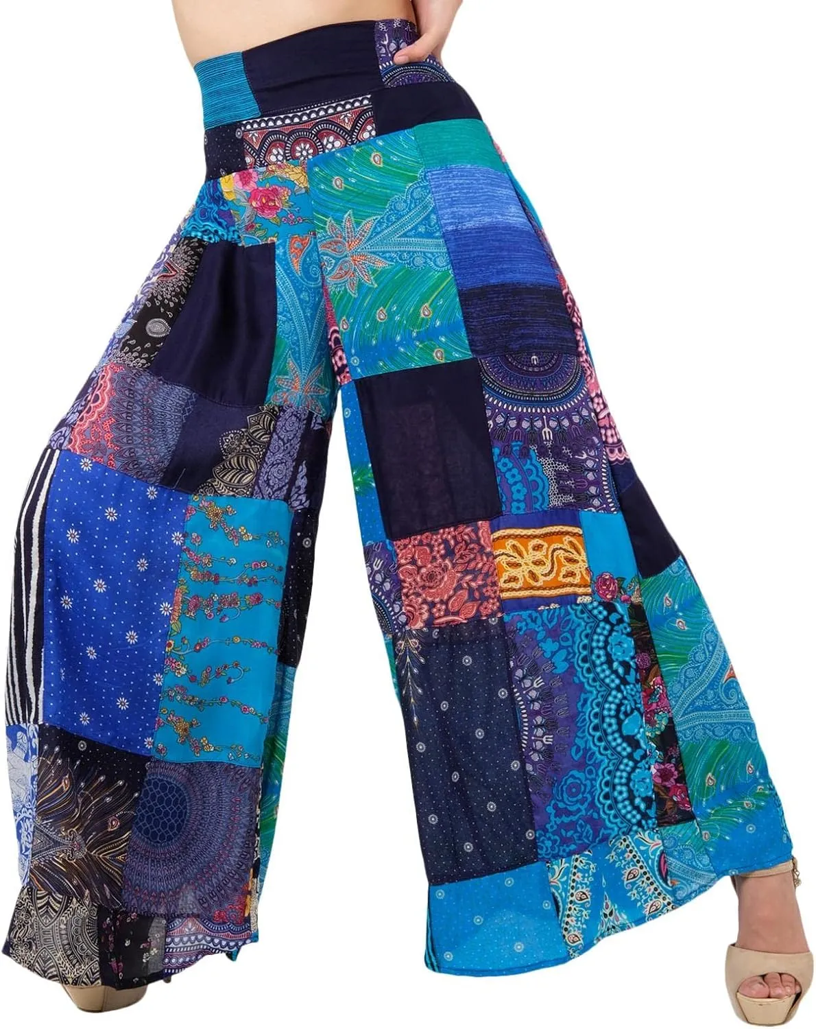LOFBAZ Women's Patchwork Wide Leg Palazzo Pants Yoga Hippie Harem Trousers