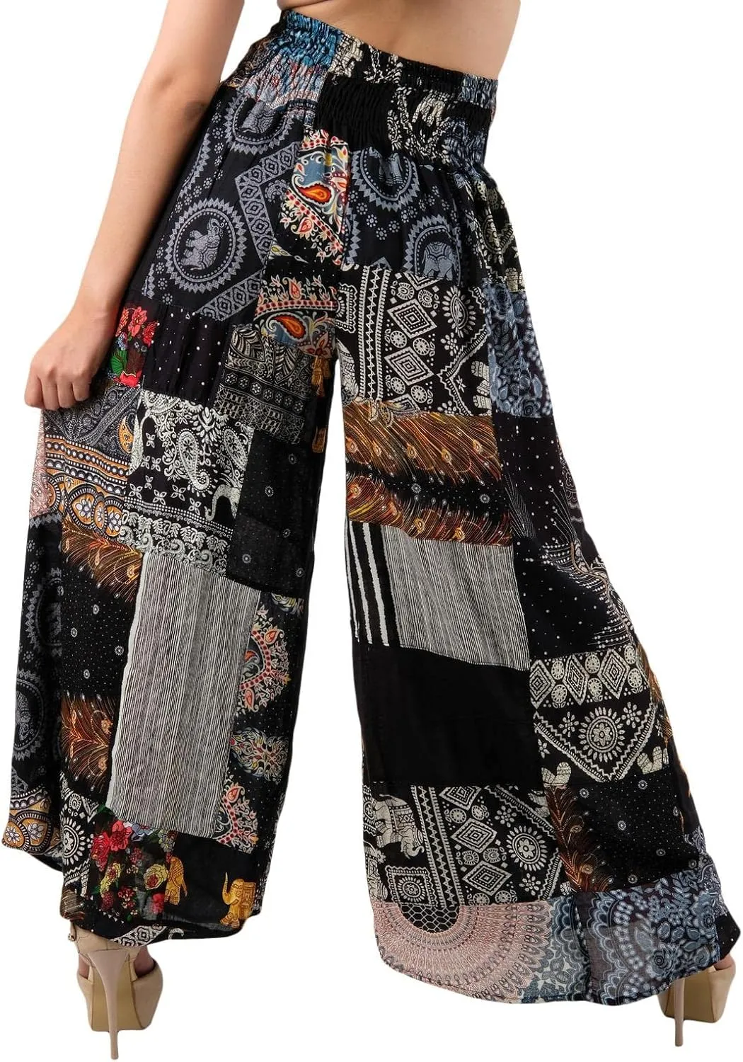LOFBAZ Women's Patchwork Wide Leg Palazzo Pants Yoga Hippie Harem Trousers