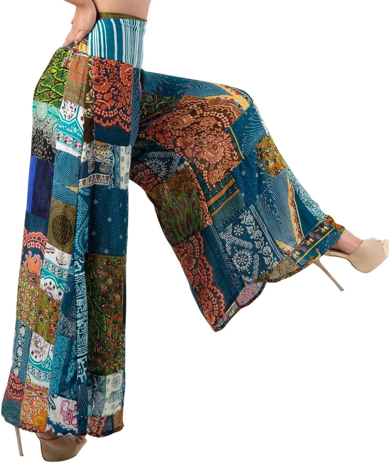 LOFBAZ Women's Patchwork Wide Leg Palazzo Pants Yoga Hippie Harem Trousers