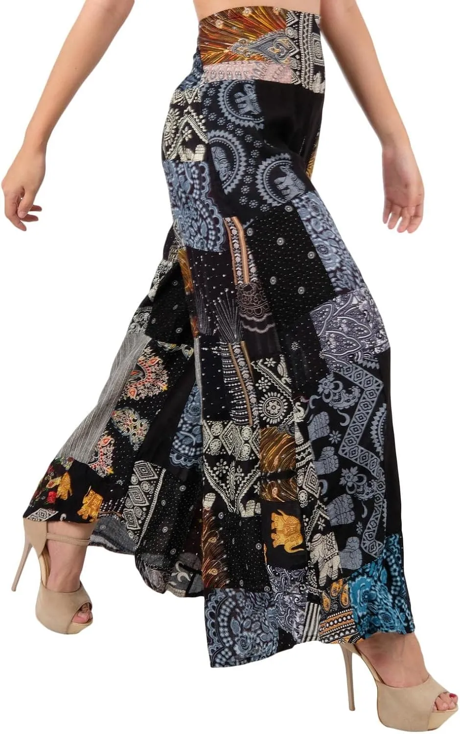 LOFBAZ Women's Patchwork Wide Leg Palazzo Pants Yoga Hippie Harem Trousers