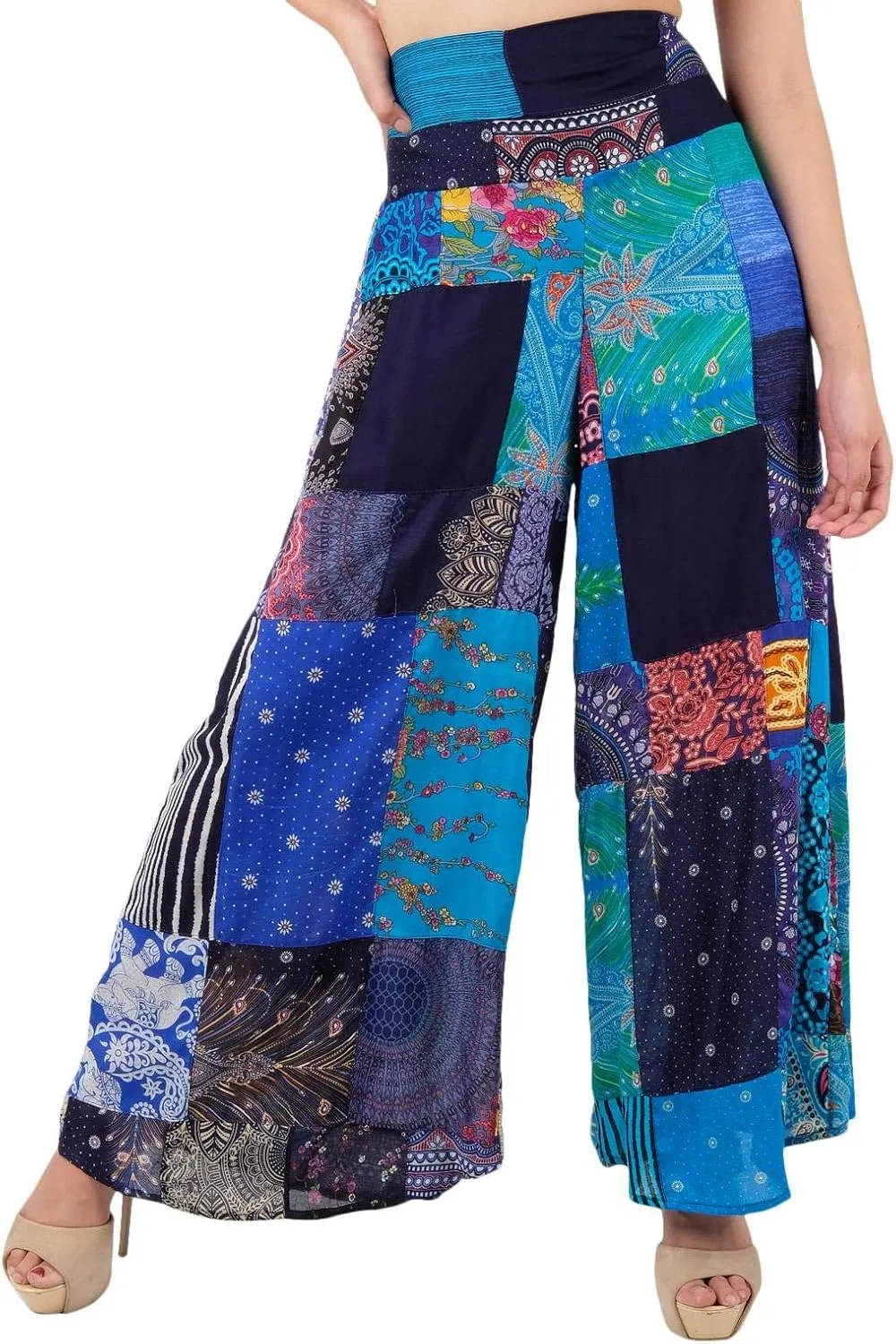 LOFBAZ Women's Patchwork Wide Leg Palazzo Pants Yoga Hippie Harem Trousers