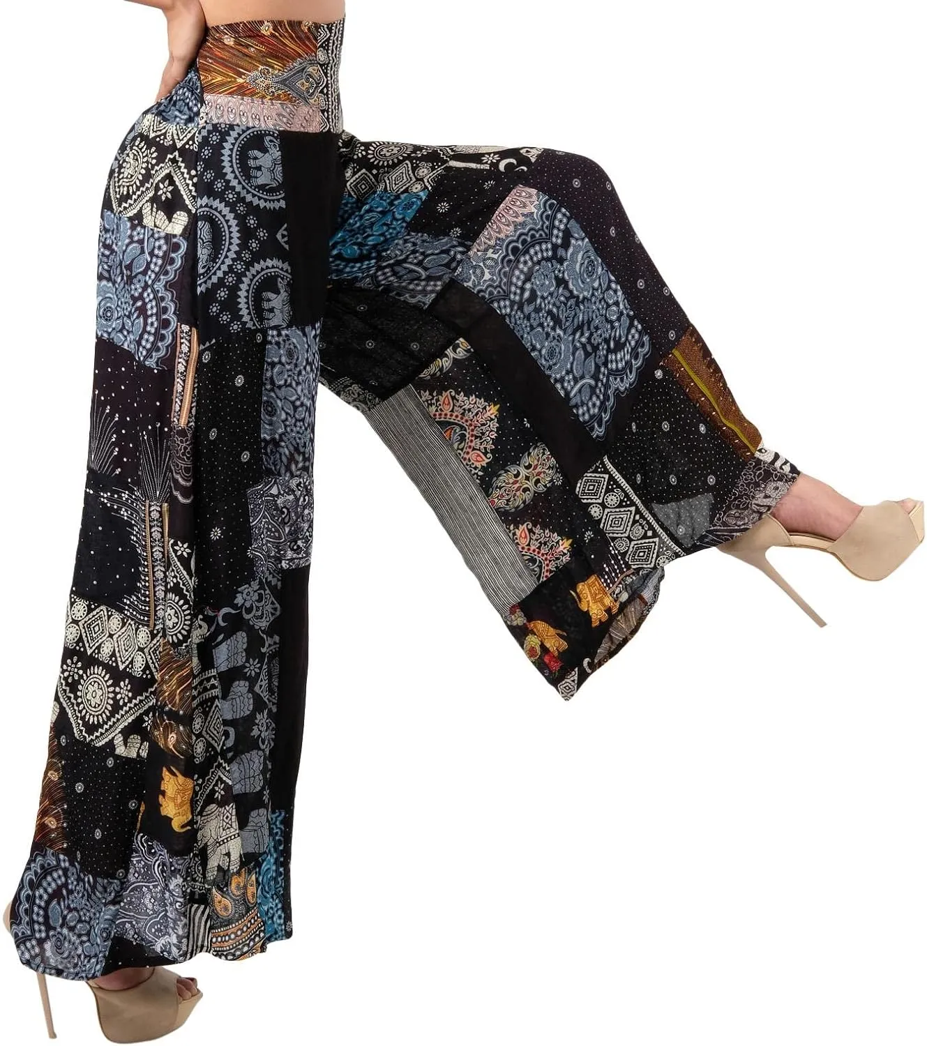 LOFBAZ Women's Patchwork Wide Leg Palazzo Pants Yoga Hippie Harem Trousers