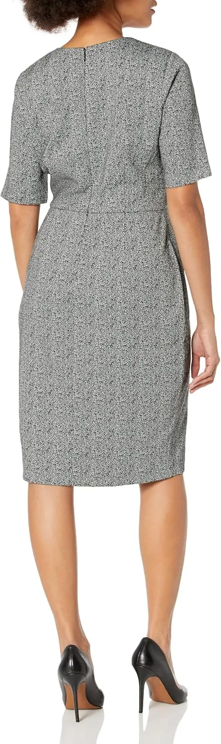 London Times Women's Short Sleeve Knee Length Crew Neck Button Side Career Polished Sheath Dress