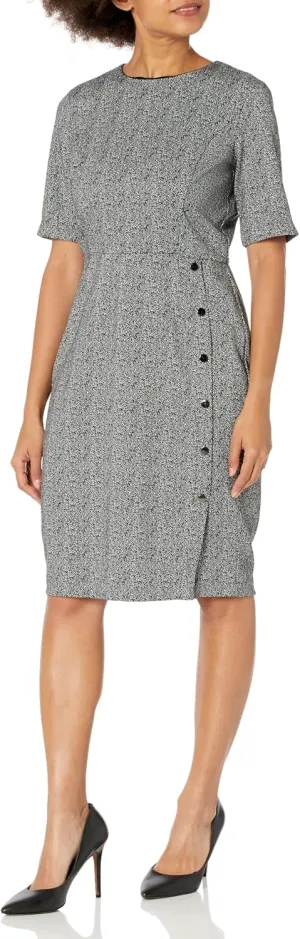 London Times Women's Short Sleeve Knee Length Crew Neck Button Side Career Polished Sheath Dress