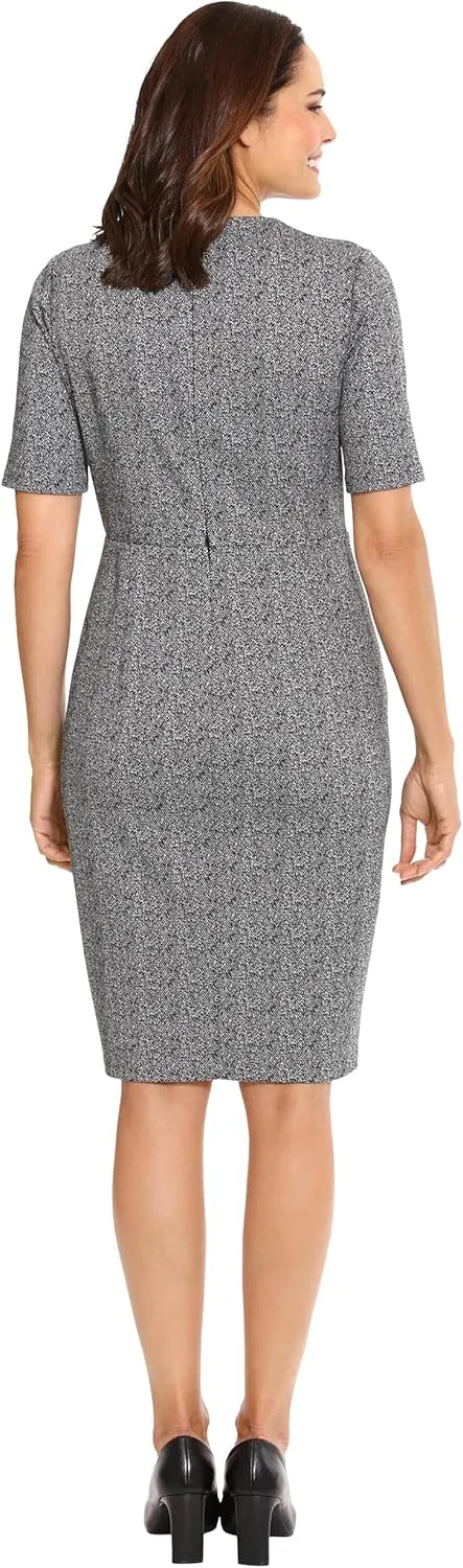 London Times Women's Short Sleeve Knee Length Crew Neck Button Side Career Polished Sheath Dress