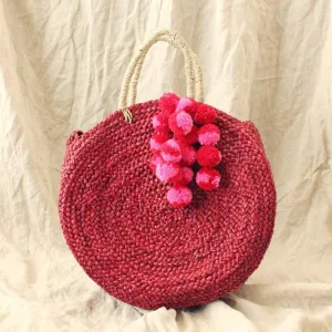 Luna Round Straw Handbag-Red/Tassel