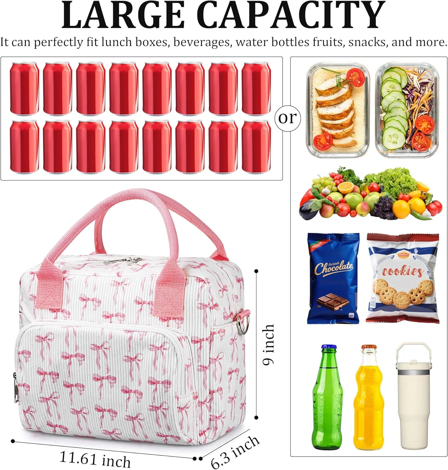 Lunch Box for Women Insulated Lunch Bag Cute Corduroy Lunch Tote Bags Lightweight Reusable Leakproof Cooler Bag with Adjustable Shoulder Strap for Work Office Travel Picnic (Pink Bow)