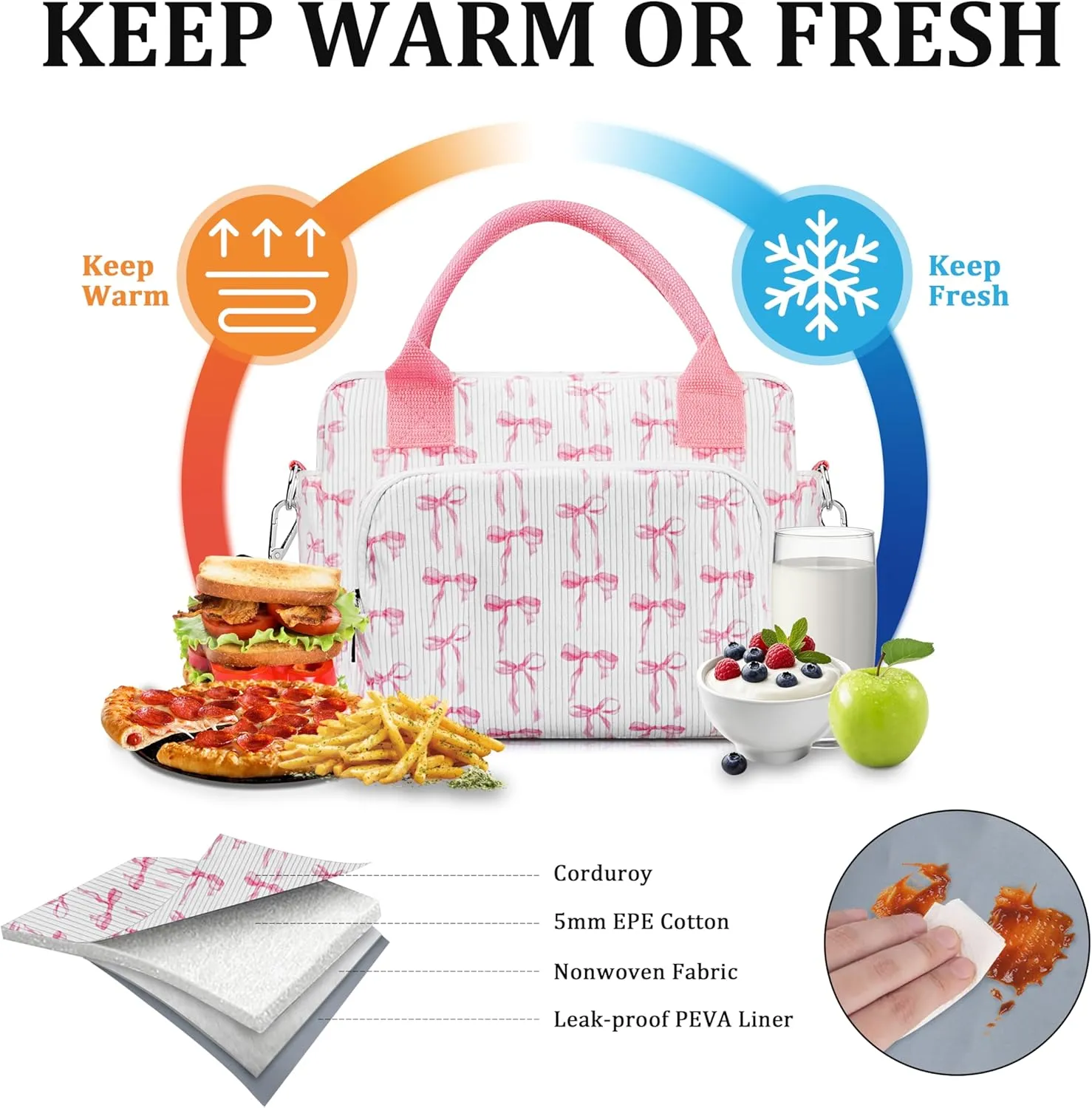 Lunch Box for Women Insulated Lunch Bag Cute Corduroy Lunch Tote Bags Lightweight Reusable Leakproof Cooler Bag with Adjustable Shoulder Strap for Work Office Travel Picnic (Pink Bow)