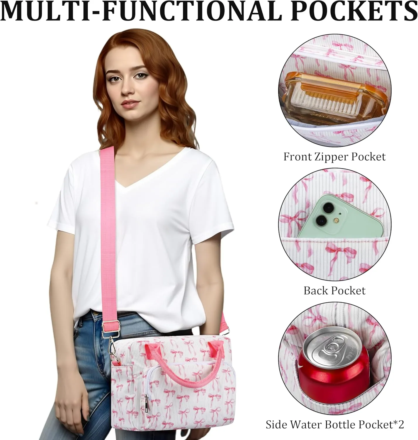 Lunch Box for Women Insulated Lunch Bag Cute Corduroy Lunch Tote Bags Lightweight Reusable Leakproof Cooler Bag with Adjustable Shoulder Strap for Work Office Travel Picnic (Pink Bow)
