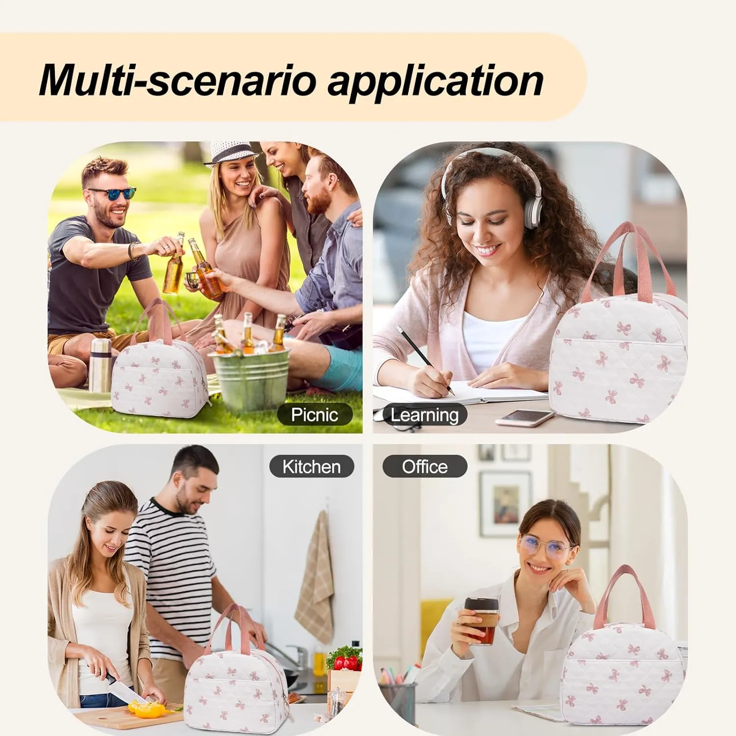 Lunch Box for Women,Cute Quilted Lunch Tote Bag,Reusable Insulated Lunch Box,Large Capacity Cooler Bag with Compartments for Work, Picnics or Travelling