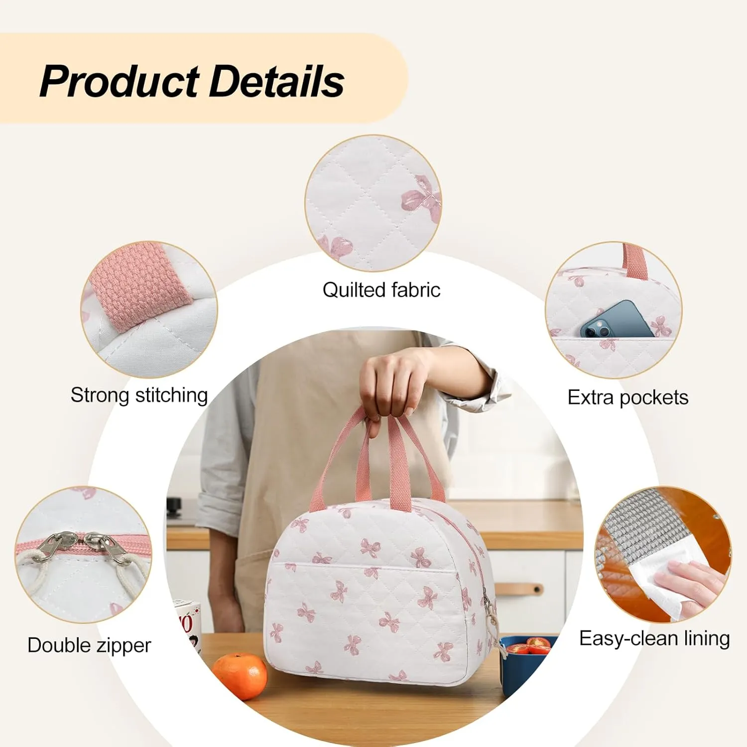 Lunch Box for Women,Cute Quilted Lunch Tote Bag,Reusable Insulated Lunch Box,Large Capacity Cooler Bag with Compartments for Work, Picnics or Travelling