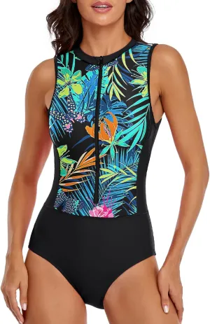 LVZIJUN Women One Piece Rash Guard High Neck Sleeveless Zipper UPF 50 Surfing Swimsuit