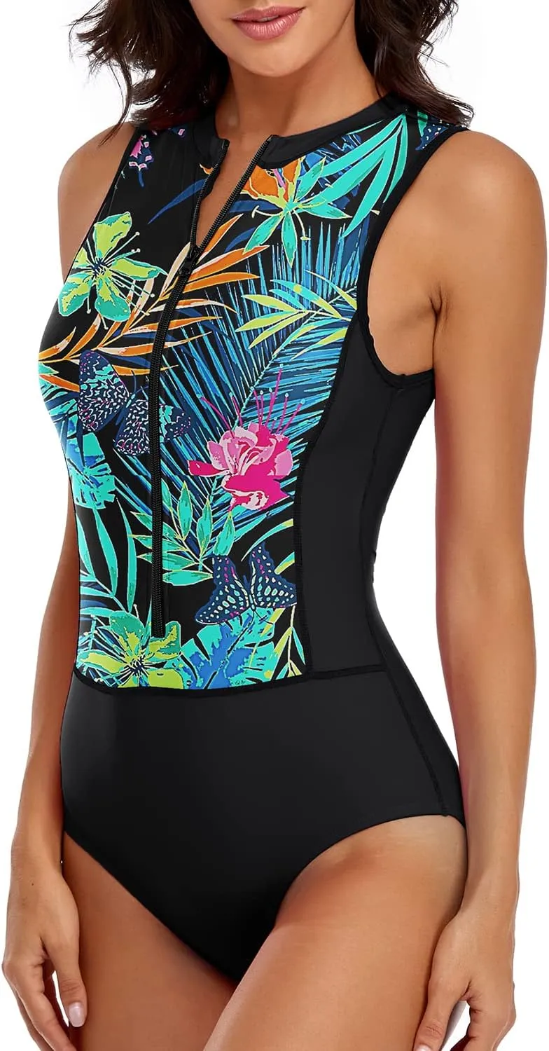 LVZIJUN Women One Piece Rash Guard High Neck Sleeveless Zipper UPF 50 Surfing Swimsuit