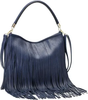 Mabel London Womens Tassel Handbag - Fringe Design Bag - Soft Stylish & Trendy Top Handle Shoulder Bag (D1 - Navy)