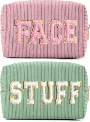MAGEFY Makeup Bag Corduroy 2 Pcs Cosmetic Bags for Women Preppy Small Makeup Bag with Chenille Letter Patch Makeup Pouch Pink FACE & Green STUFF