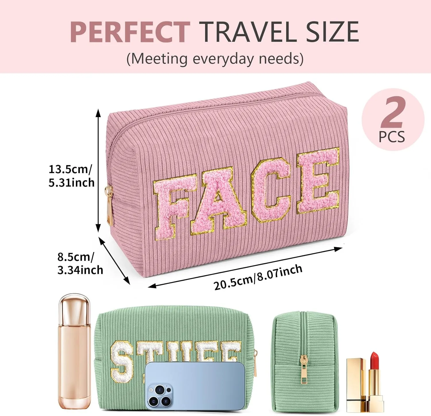 MAGEFY Makeup Bag Corduroy 2 Pcs Cosmetic Bags for Women Preppy Small Makeup Bag with Chenille Letter Patch Makeup Pouch Pink FACE & Green STUFF