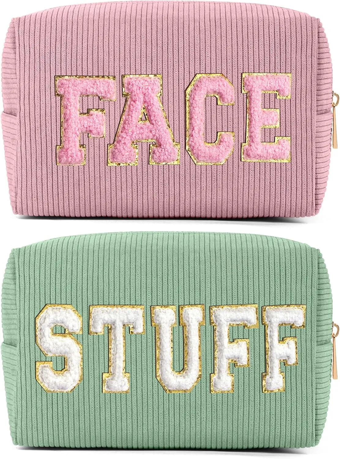 MAGEFY Makeup Bag Corduroy 2 Pcs Cosmetic Bags for Women Preppy Small Makeup Bag with Chenille Letter Patch Makeup Pouch Pink FACE & Green STUFF