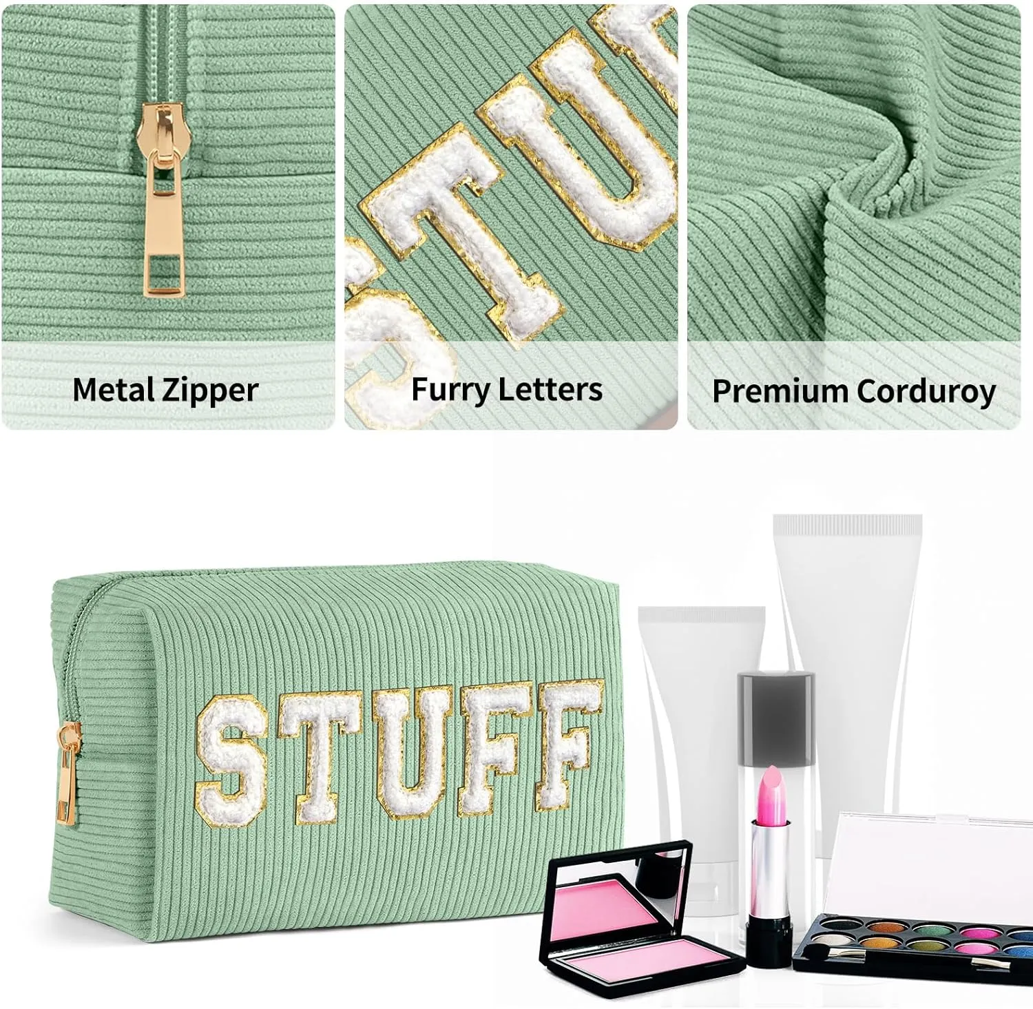 MAGEFY Makeup Bag Corduroy 2 Pcs Cosmetic Bags for Women Preppy Small Makeup Bag with Chenille Letter Patch Makeup Pouch Pink FACE & Green STUFF